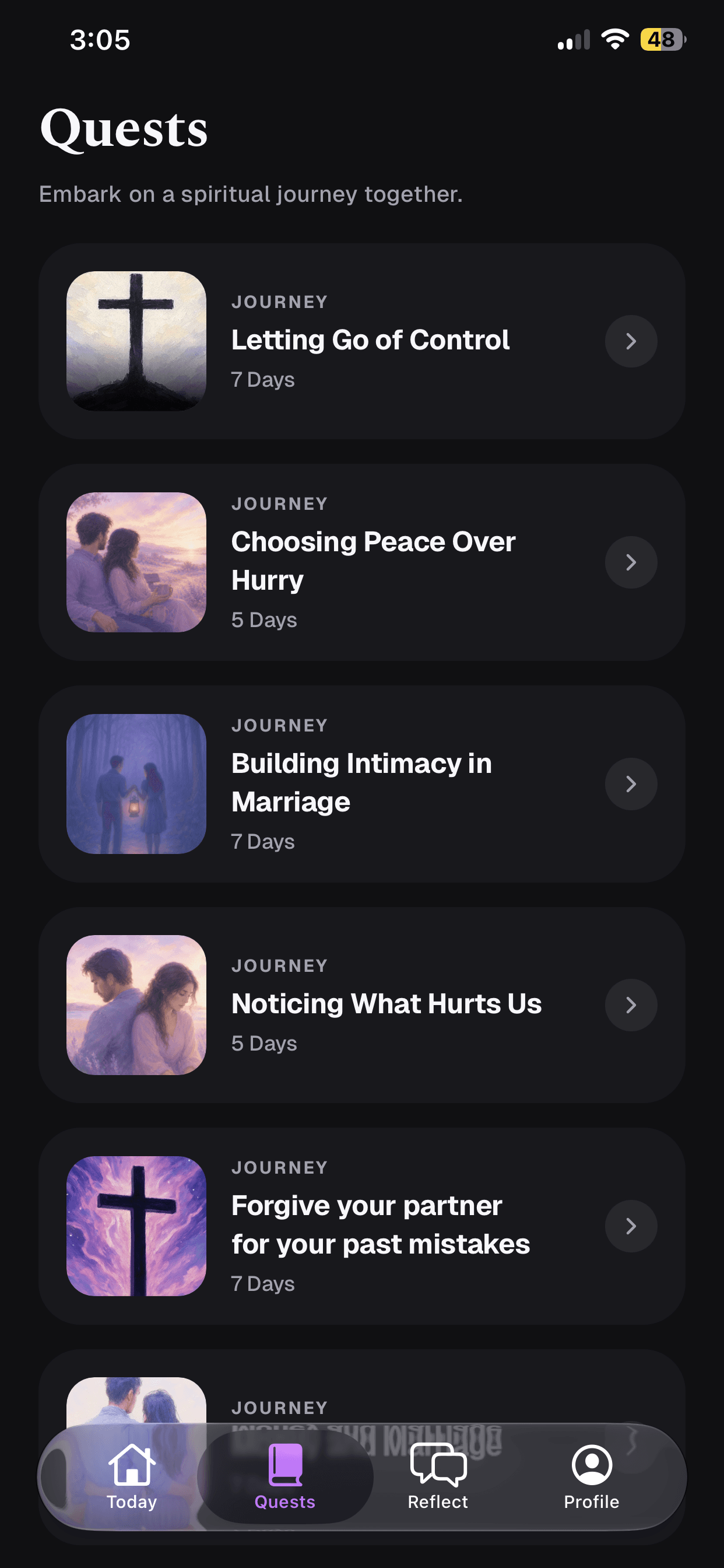 CoupleBible Quests screen in dark mode