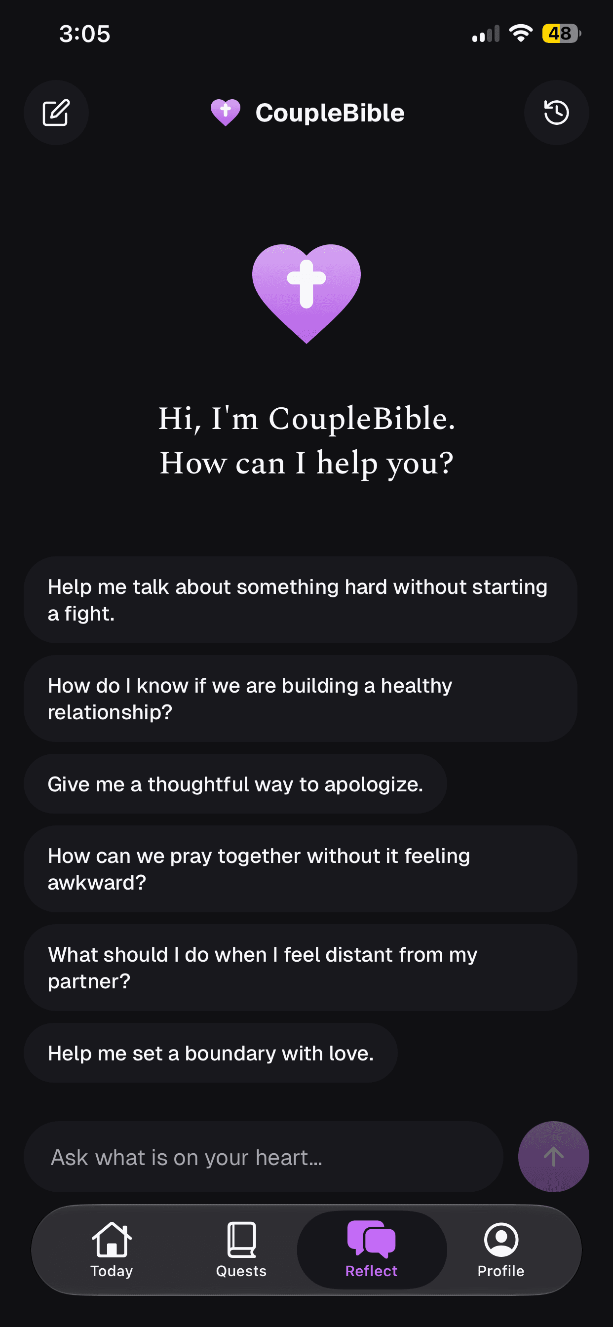 CoupleBible Reflect screen in dark mode