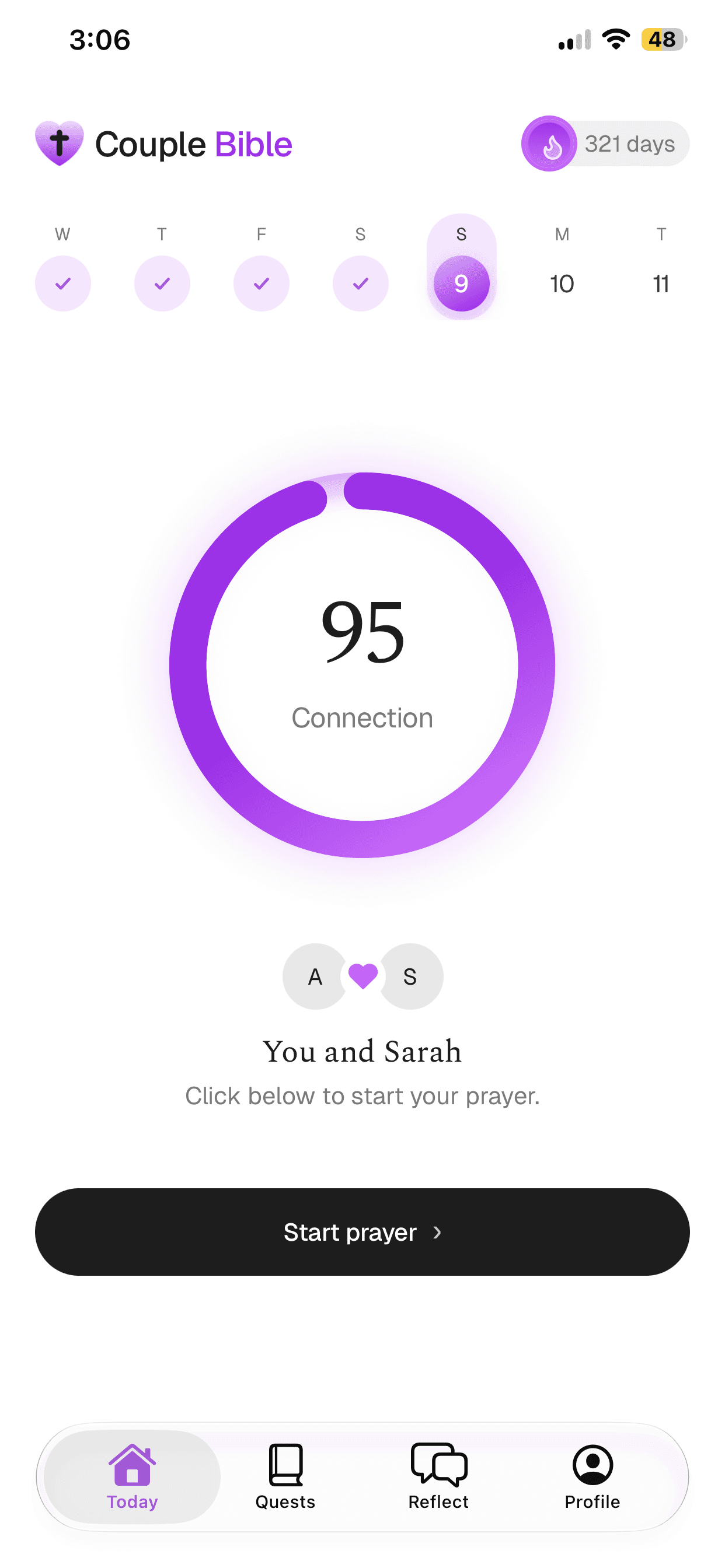 CoupleBible Today screen showing a 95 connection score and daily prayer